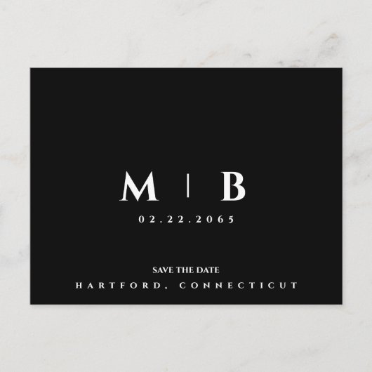 シンプルなモノグラム ウェディング セーブ・ザ・デート 白黒 ポストカード (正面)