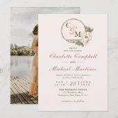 シンプルなモノグラム ブラッシュ ピンク 牡丹 ウェディング 招待状 (正面/裏面)