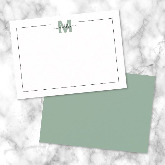 シンプルなモノグラム Sage Green Script ノートカード