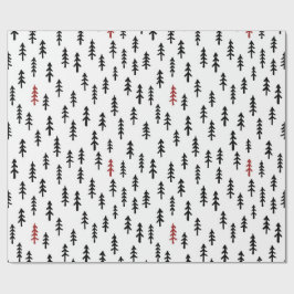 シンプルなモミの木 冬の森 ブラック レッド ホワイト ラッピングペーパー