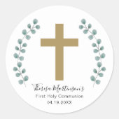 シンプルなユーカリと十字架の初めての聖体拝領 ラウンドシール (正面)