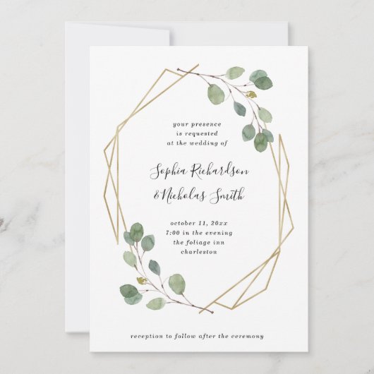 シンプルなユーカリの緑の草木|の幾何学的な結婚式 招待状 (正面)