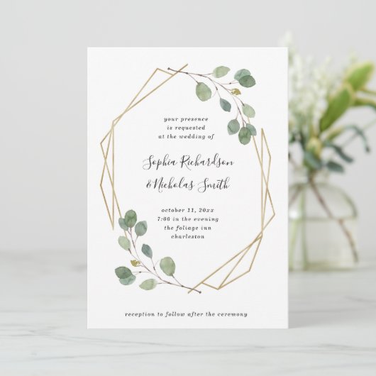 シンプルなユーカリの緑の草木|の幾何学的な結婚式 招待状 (スタンド正面)