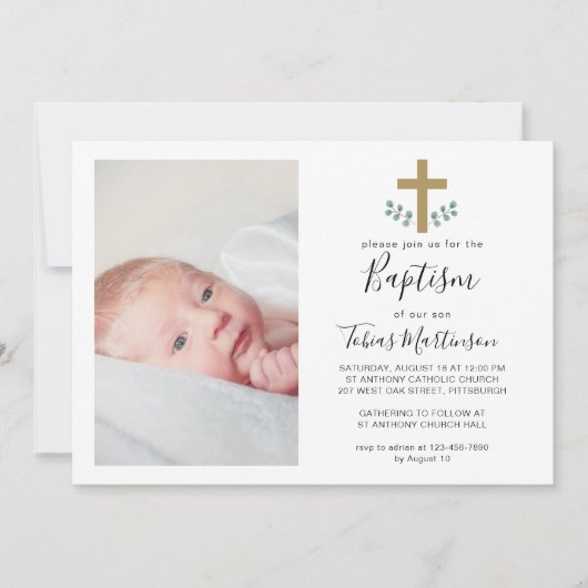 シンプルなユーカリの葉とクロスの洗礼写真招待状 招待状 (正面)