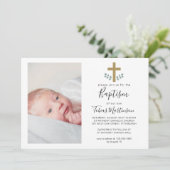 シンプルなユーカリの葉とクロスの洗礼写真招待状 招待状 (スタンド正面)