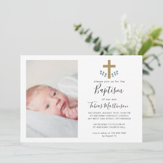 シンプルなユーカリの葉とクロスの洗礼写真招待状 招待状 (スタンド正面)