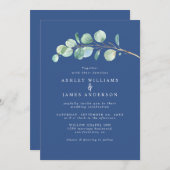 シンプルなユーカリの葉 クラシックブルー結婚式 招待状 (正面/裏面)