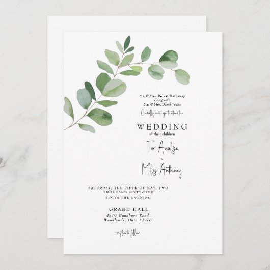 シンプルなユーカリモダン両親結婚式 招待状 (正面/裏面)