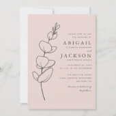 シンプルなユーカリ ライン ドローイング ブラッシュ ピンク ウェディング 招待状 (正面)