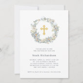 シンプルなユーカリ | 偽のゴールドクロス 洗礼 招待状 (正面)