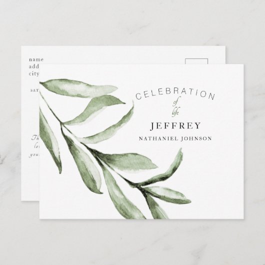 シンプルなライフセレブレーション 葬儀 葉 ポストカード (正面/裏面)