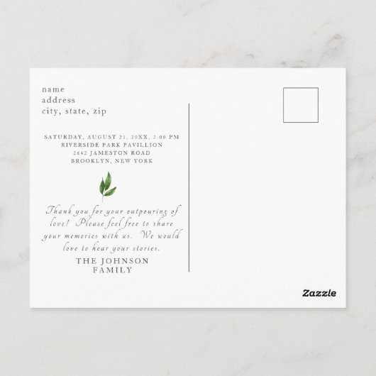 シンプルなライフセレブレーション 葬儀 葉 ポストカード (裏面)