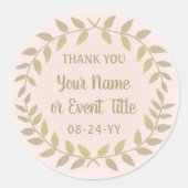 シンプルなラウレルリース ブッシュピンクとゴールドの感謝メッセージ ラウンドシール (正面)