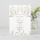 シンプルなラグジュアリー ホワイトゴールド 植物 花 モダンウェディング 招待状 (スタンド正面)