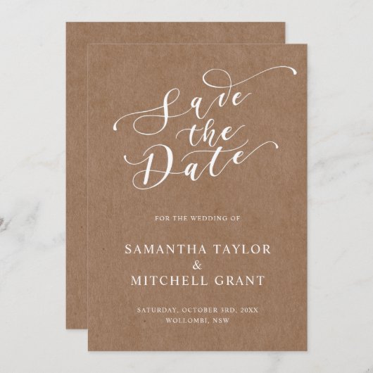 シンプルなラスティック クラフトの背景でお知らせを保存 招待状 (正面/裏面)