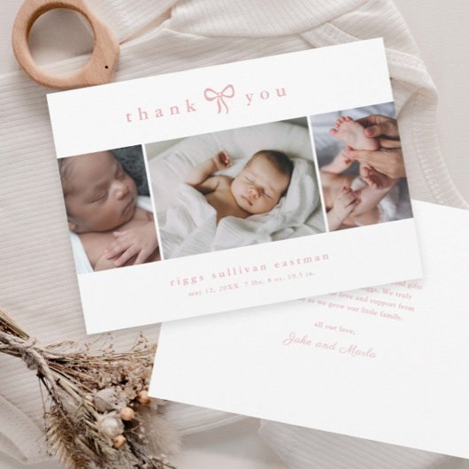 シンプルなリボンの女の子 フォトコラージュ ベイビー サンキューカード