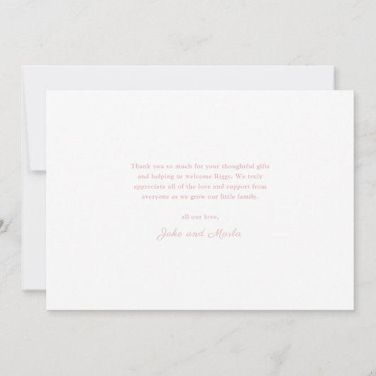 シンプルなリボンの女の子 フォトコラージュ ベイビー サンキューカード (裏面)