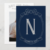 シンプルなリボン crest モノグラム Save the Date 招待状 (正面/裏面)