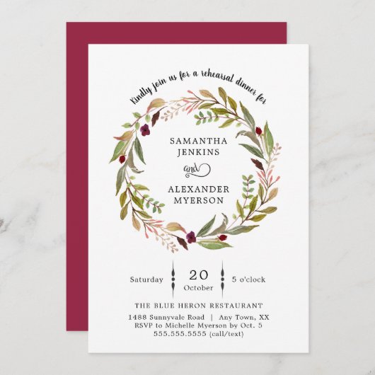 シンプルなリースの結婚式のリハーサルの夕食の招待 招待状 (正面/裏面)