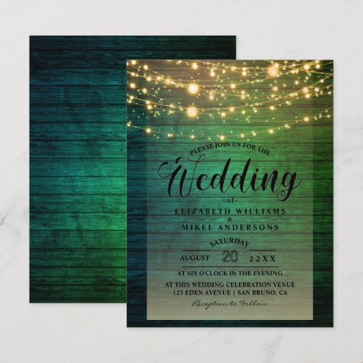 シンプルなルスティックウッド ダーク ライト ストリング ウェディング 招待状 (正面/裏面)