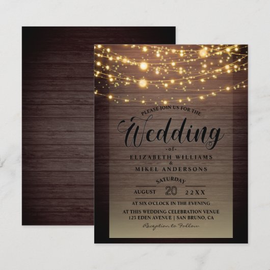 シンプルなルスティックウッド ダーク ライト ストリング ウェディング 招待状 (正面/裏面)