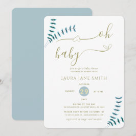 シンプルなルスティックグリーン　男女問わないベビーシャワー 招待状