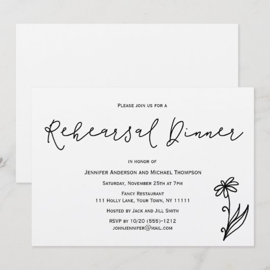 シンプルなルースチック ボタニカル フラワーのリハーサル ディナー 招待状 (正面/裏面)
