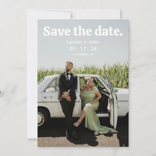 シンプルなレトロミニマリストの写真付き結婚式の事前告知 招待状 (正面)