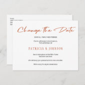シンプルなローズゴールドのスクリプト結婚式の日程変更 案内ポストカード (正面/裏面)