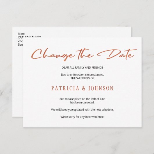 シンプルなローズゴールドのスクリプト結婚式の日程変更 案内ポストカード (正面/裏面)