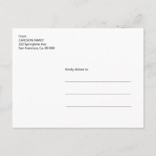 シンプルなローズゴールドのスクリプト結婚式の日程変更 案内ポストカード (裏面)