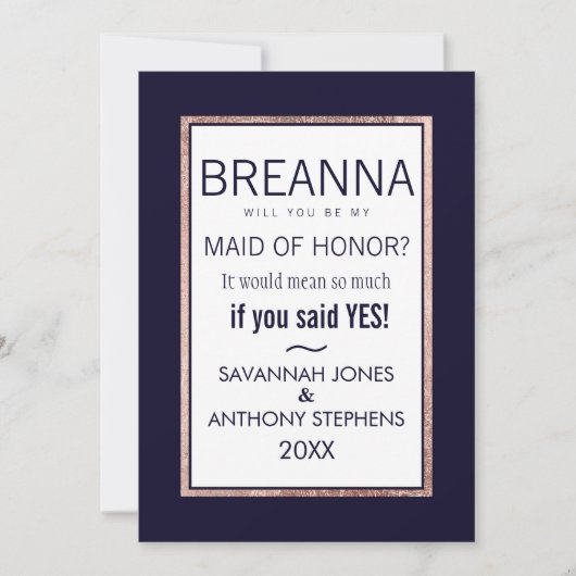 シンプルなローズゴールドのライン入りネイビーのメイドオブオナー 招待状 (正面)
