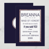 シンプルなローズゴールドのライン入りネイビーのメイドオブオナー 招待状 (正面/裏面)