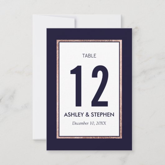 シンプルなローズゴールドラインのネイビーブルーテーブルナンバー 招待状 (正面)