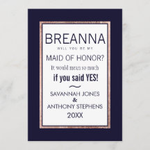 シンプルなローズゴールドラインのネイビーメイドオブオナー