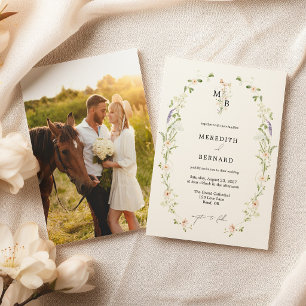 シンプルなヴィンテージの野の花モノグラム結婚式の写真 招待状