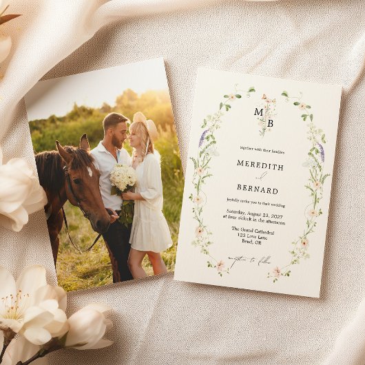 シンプルなヴィンテージの野の花モノグラム結婚式の写真 招待状