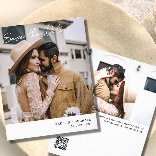 シンプルな予算結婚式のSave the Date QRコード写真 チラシ