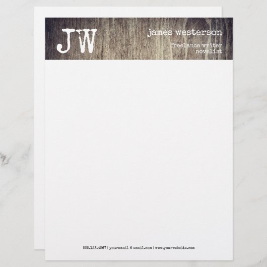 シンプルな作家のモノグラムの素朴な木製のヴィンテージ レターヘッド (正面/裏面)