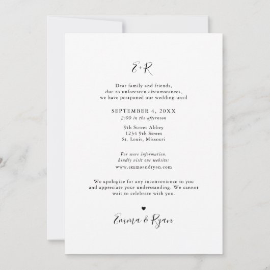 シンプルな写真で延期する結婚式の日程変更のお知らせ 案内状 (裏面)