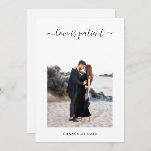 シンプルな写真で延期する結婚式の日程変更のお知らせ 案内状 (正面/裏面)