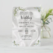 シンプルな写真とサテン背景の結婚式招待状 セーブザデート (スタンド正面)