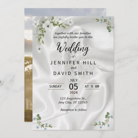 シンプルな写真とサテン背景の結婚式招待状 セーブザデート (正面/裏面)