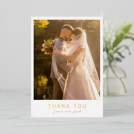シンプルな写真のモダンな結婚式の箔押しのお礼カード 箔招待状 (立ち正面)