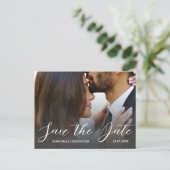 シンプルな写真の白黒の結婚式Save the Date ポストカード (スタンド正面)