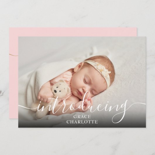 シンプルな写真スクリプト - ピンクの女の子の誕生を紹介 案内状 (正面/裏面)