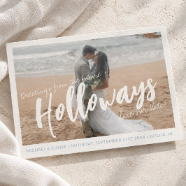 シンプルな写真付きデスティネーション・ウェディングのSave the Date 案内ポストカード