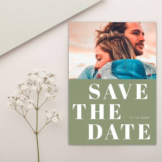シンプルな写真1枚構成 モダンなボールドセージグリーン 結婚式 セーブザデート