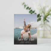 シンプルな写真 エレガントなスクリプトの結婚式の延期日通知 ポストカード (スタンド正面)