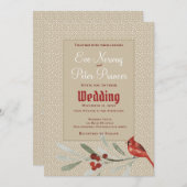 シンプルな冬のカーディナルとグリーンのウェディング 案内状 (正面/裏面)